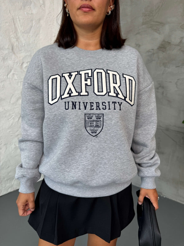 Gri Oxford Nakışlı Bisiklet Yaka Sweat