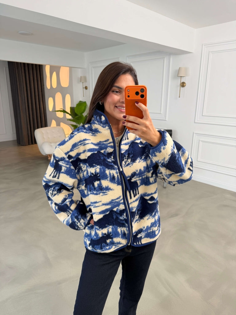 Lacivert Geyik Desenli Ön Fermuarlı Peluş Sweat 4219-Lacivert