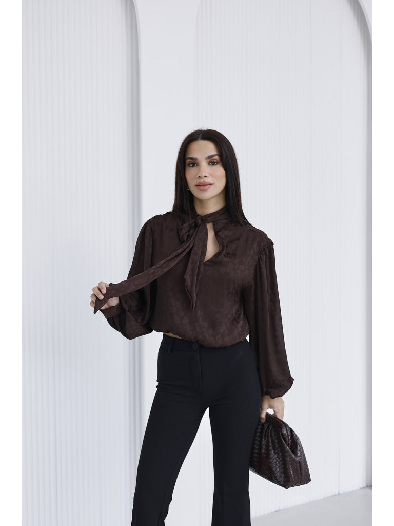 Kahve Yakası Fularlı Salaş Bluz 5021-Kahve