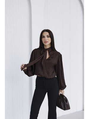 Kahve Yakası Fularlı Salaş Bluz 5021-Kahve