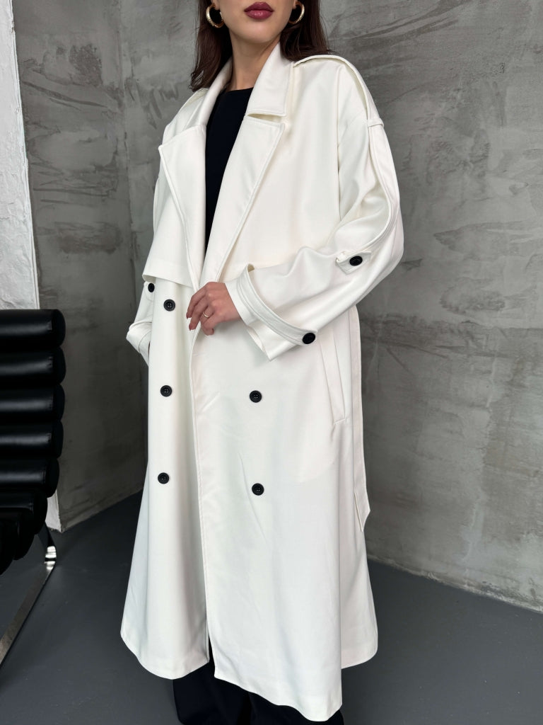 Beyaz Kruvaze Detaylı Oversize Trençkot
