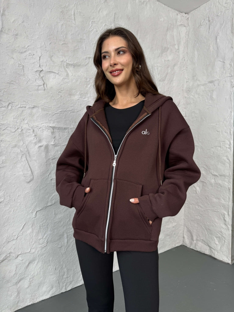 Kahverengi Ön Fermuarlı Kapüşonlu Sweatshirt 4032-Kahverengi