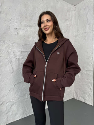 Kahverengi Ön Fermuarlı Kapüşonlu Sweatshirt 4032-Kahverengi