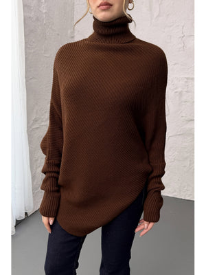 Kahverengi Boğazlı Triko Panço 2574-Kahverengi