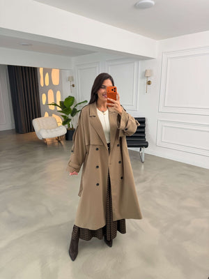 Camel Kruvaze Detaylı Oversize Trençkot 9476-CAMEL