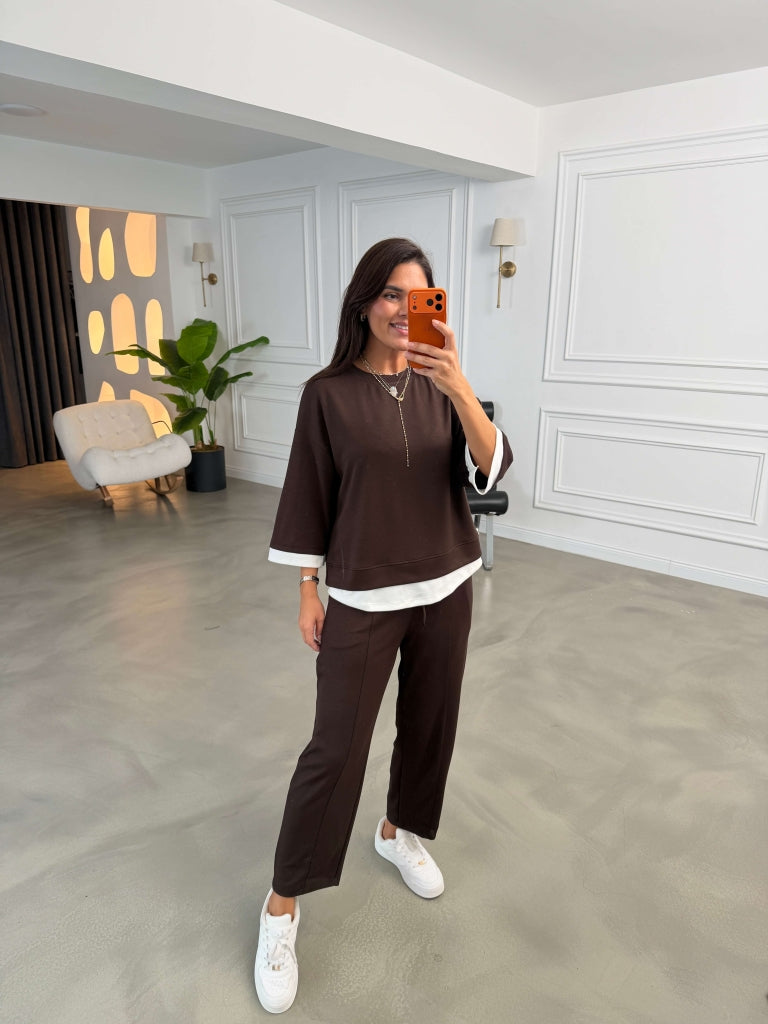 Kahverengi Eteği Garnili Sweat Takım 11950-Kahverengi