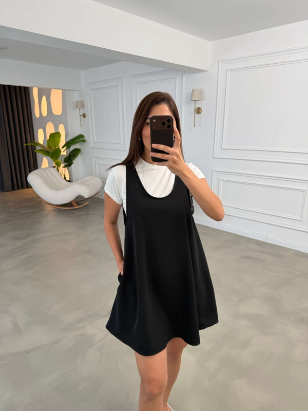 Siyah Tshirt Detaylı Kısa Elbise Takım 4153-Siyah
