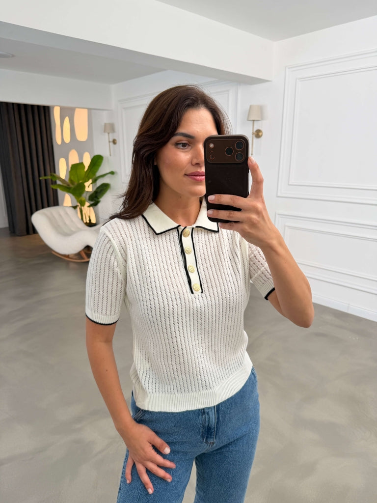Ekru Ajurlu Gold Düğmeli İnce Triko Bluz 2771-Ekru