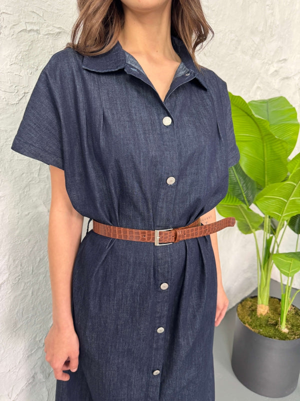 Mavi Boydan Düğmeli İnce Denim Elbise