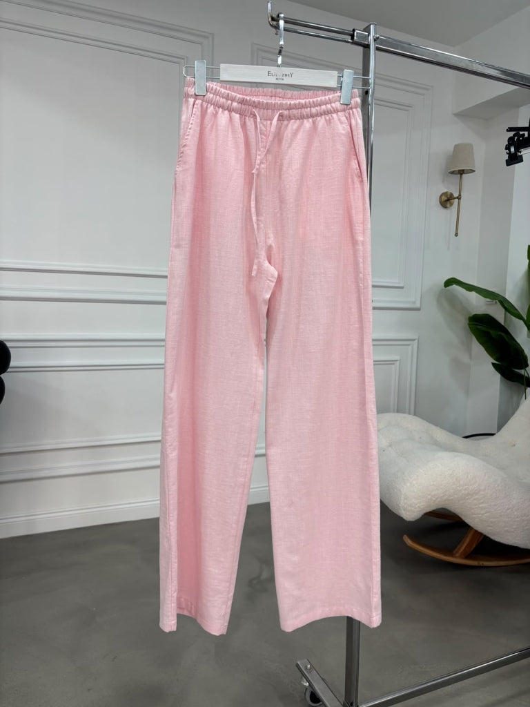Pembe Beli Bağcıklı Keten Pantolon 7532-Pembe