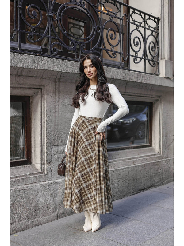 Haki Ekose Detaylı Şifon Etek 0613-Haki