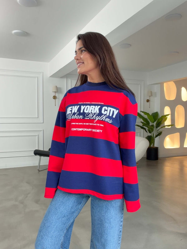 Kırmızı Çizgili NYC Baskılı Oversize Sweat 1132-Kırmızı