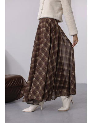 Kahverengi Haki Ekose Detaylı Şifon Etek 0613-Kahve Haki