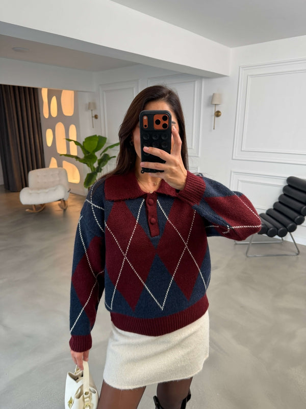 Bordo Baklava Desenli Polo Yaka Triko Kazak 002725-Bordo
