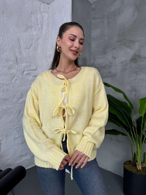 Sarı Önü Bağcıklı Örme Hırka EY2426-Sarı