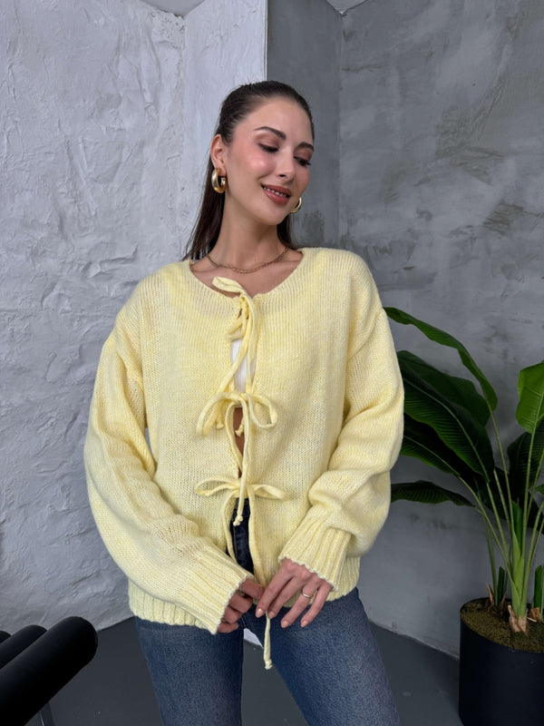 Sarı Önü Bağcıklı Örme Hırka EY2426-Sarı