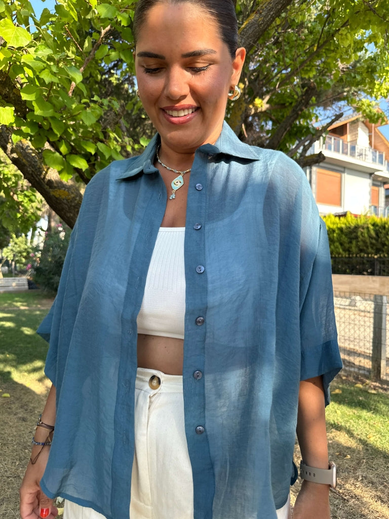 Petrol Mavisi Transparan Kısa Kolu Oversize Gömlek 4927-PETROL MAVİSİ