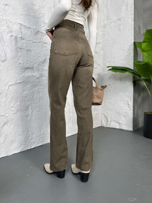 Haki Straight Kesik Paça Jean 21145-Haki