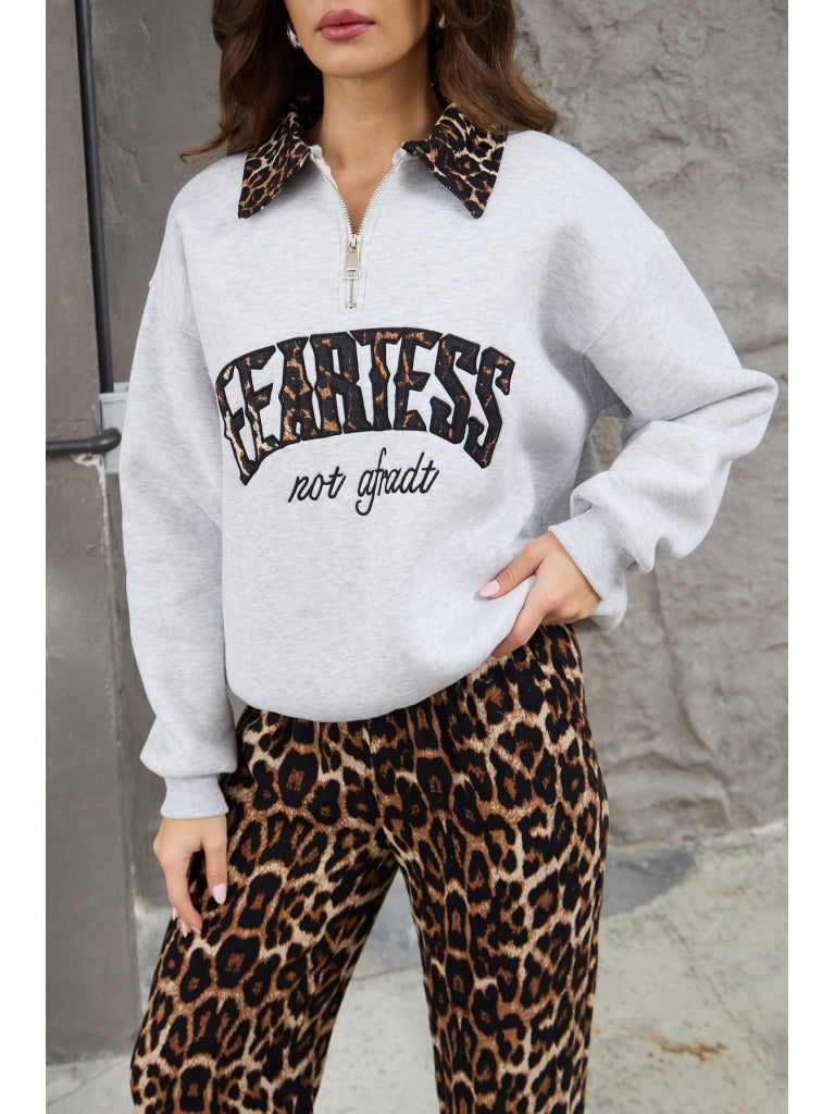 Gri Leopar Nakışlı Polo Yaka Sweat