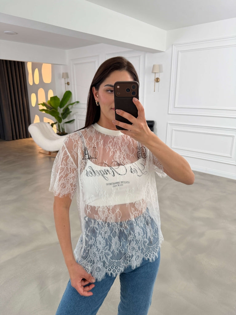 Ekru Baskılı Dantel Tshirt 1098-Ekru