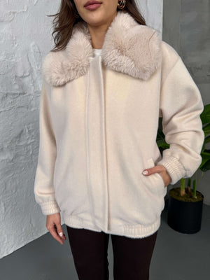 Premium Taş İİthal Kumaş Kürk Mont 70099-Taş