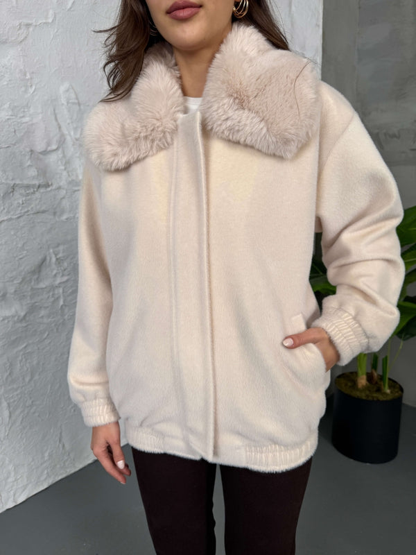 Premium Taş İİthal Kumaş Kürk Mont 70099-Taş