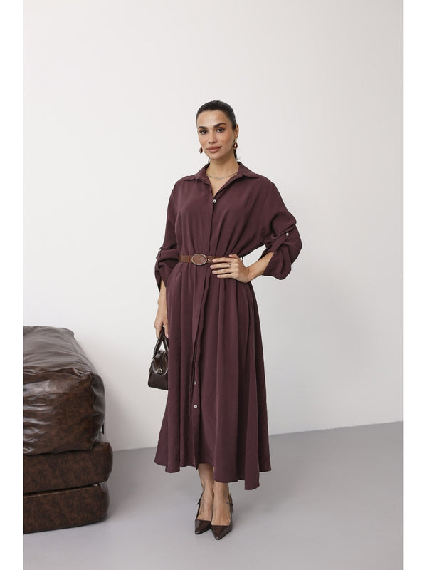 Mürdüm Tensel Kemerli Gömlek Elbise EYY3270-Mürdüm