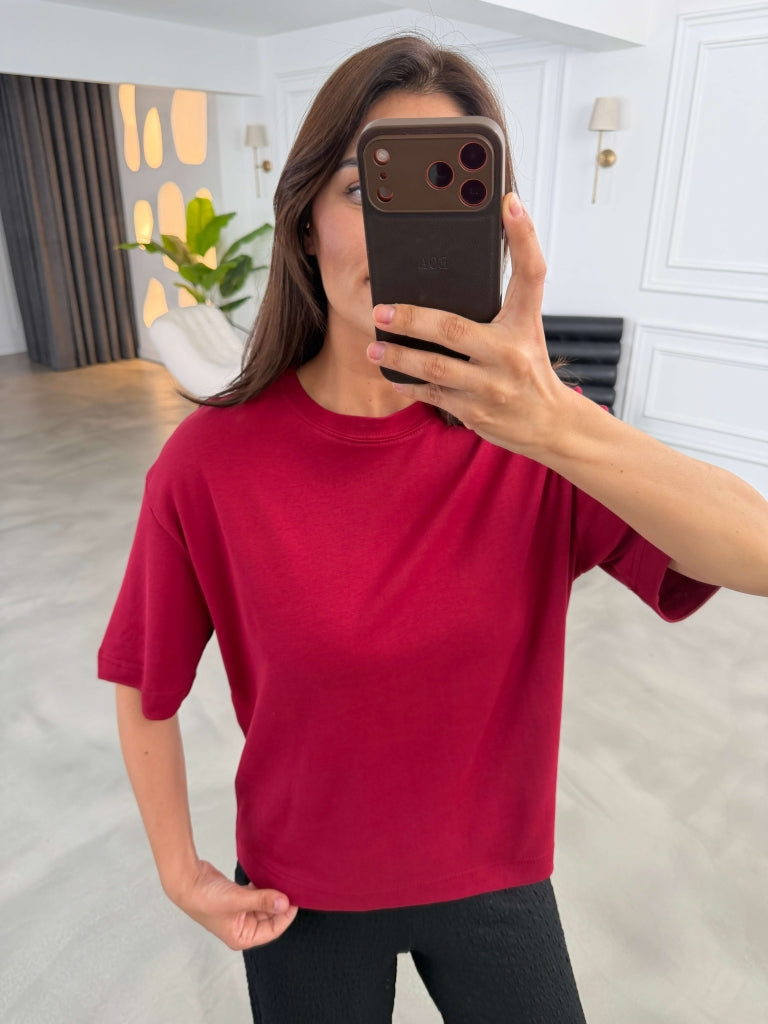 Bordo Bisiklet Yaka Basıc Tshirt 6597-Bordo