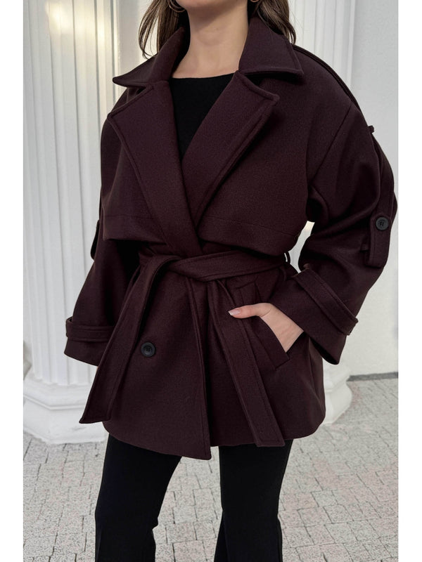 Mürdüm Rebello Kuşaklı Kaşe Kaban 9669-Mürdüm