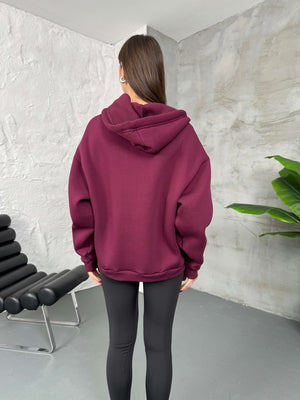 Bordo Ön Fermuarlı Kapüşonlu Sweatshirt