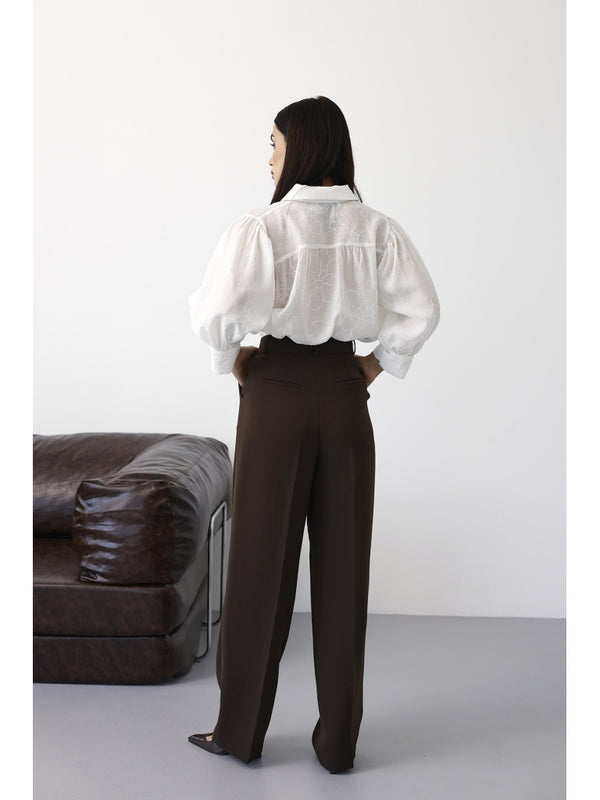 Kahve Pileli Palazzo Pantolon 51024-Kahve