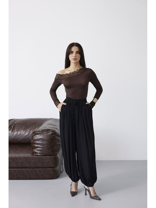 Siyah Paçası Lastikli Şalvar Pantolon 51316-Siyah