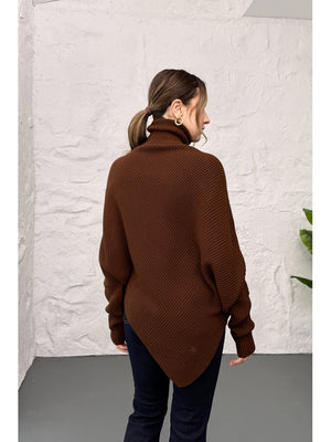 Kahverengi Boğazlı Triko Panço 2574-Kahverengi