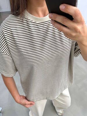 Ekru Çizgili Orj Marka Oversize Tshirt 6274-Ekru