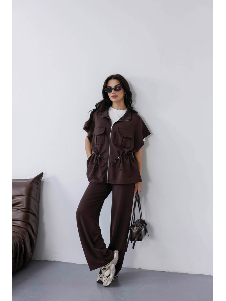 Kahverengi Yarım Kol Fermuarlı Modal Takım 7307-Kahverengi