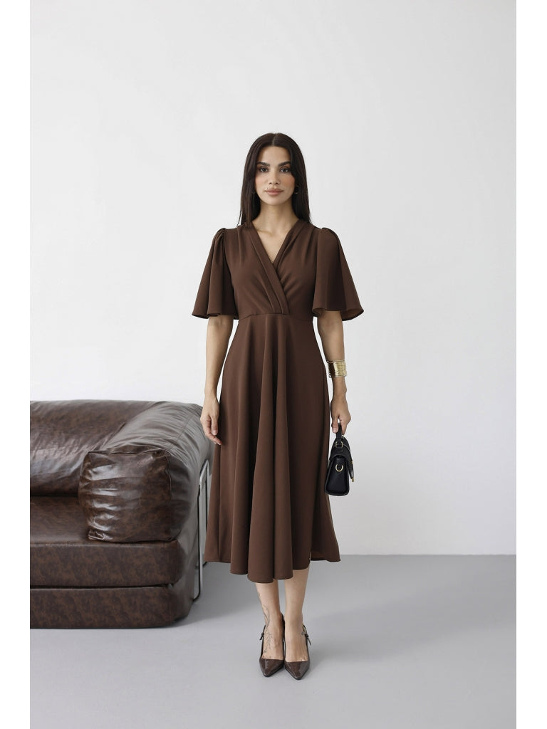Kahverengi Kolları Volanlı Elbise 3707-Kahverengi