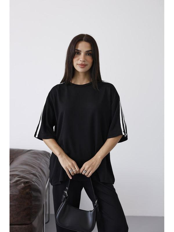 Siyah Şerit Detaylı Tshirt Takım 4101-Siyah
