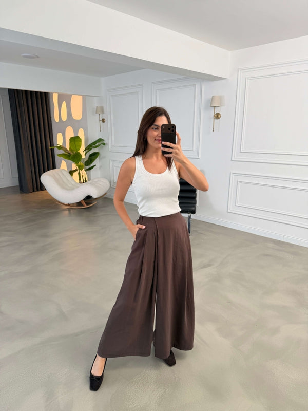Kahverengi Beli Pilili Tencel Pantolon 51204-Kahverengi