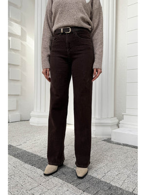Kahverengi Yüksek Bel Straight Paça Kemerli Jean 700-Kahverengi