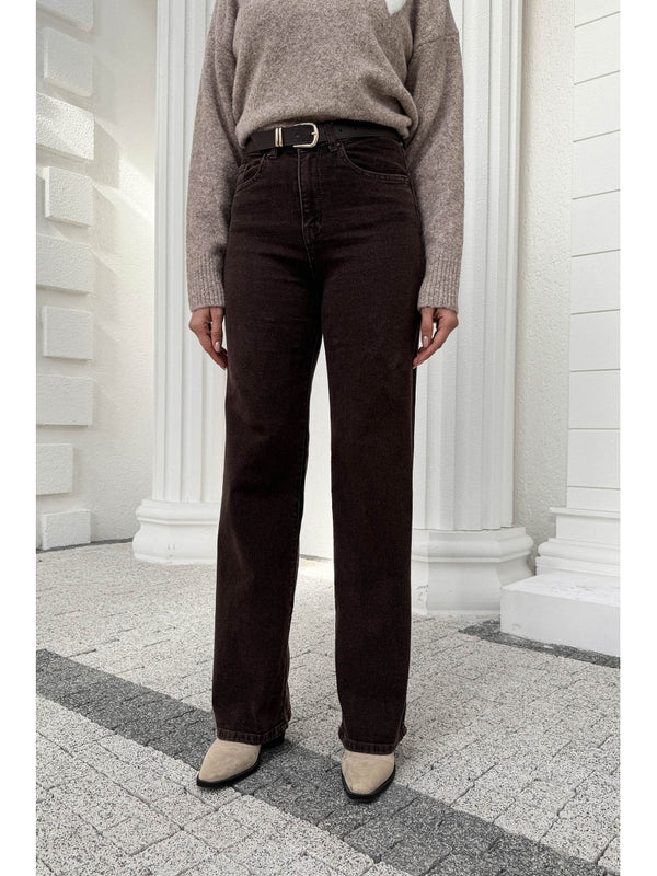 Kahverengi Yüksek Bel Straight Paça Kemerli Jean 700-Kahverengi