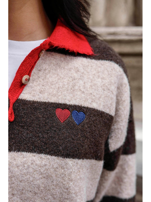 Kahve Polo Yaka Kalp Nakışlı Çizgili Kazak 2632-Kahve