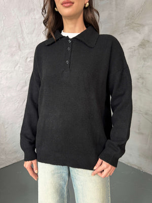 Siyah Polo Yaka Düğmeli Triko Kazak 2482-SİYAH