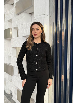 Dilvin Siyah Pullu Gold Düğmeli Triko Hırka 60935-SİYAH