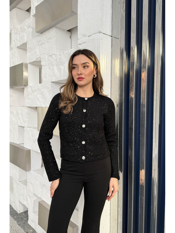 Dilvin Siyah Pullu Gold Düğmeli Triko Hırka 60935-SİYAH