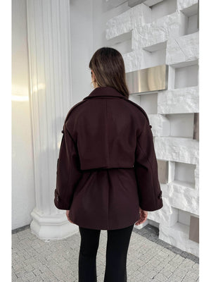 Mürdüm Rebello Kuşaklı Kaşe Kaban 9669-Mürdüm