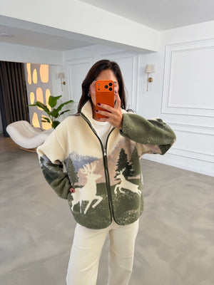 Haki Ön Fermuarlı Peluş Sweat 22889-Haki