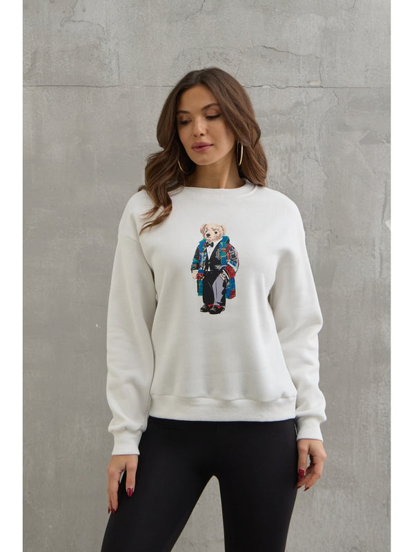 Beyaz Teddy Baskılı Şardonlu Sweat