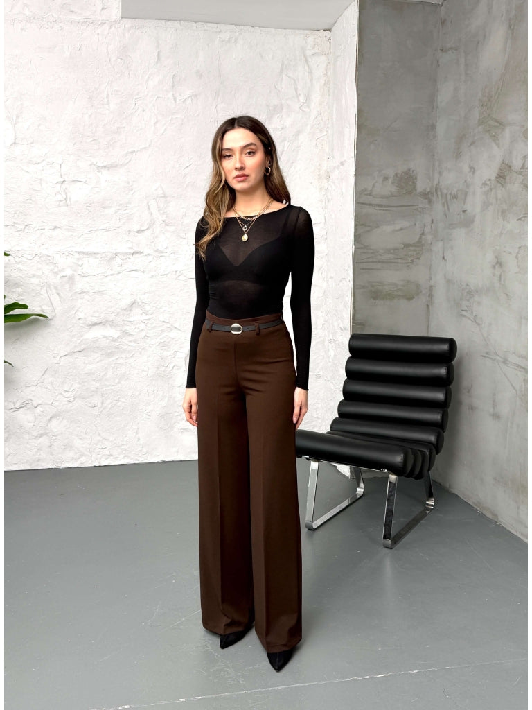 Kahverengi İnce Kemerli Bol Paça Pantolon 9150-Kahverengi