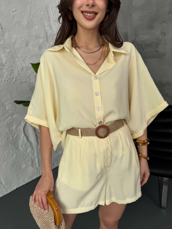 Sarı Hasır Kemerli Şortlu Tencel Takım