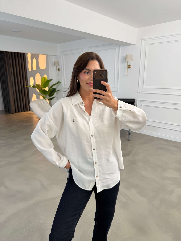 Beyaz Nakış Detaylı Oversize Gömlek 7682-Beyaz